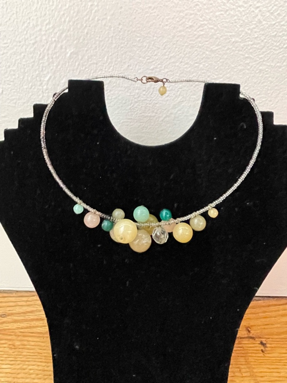 Beaded Necklace with Yellow and Green Gemstone Drops